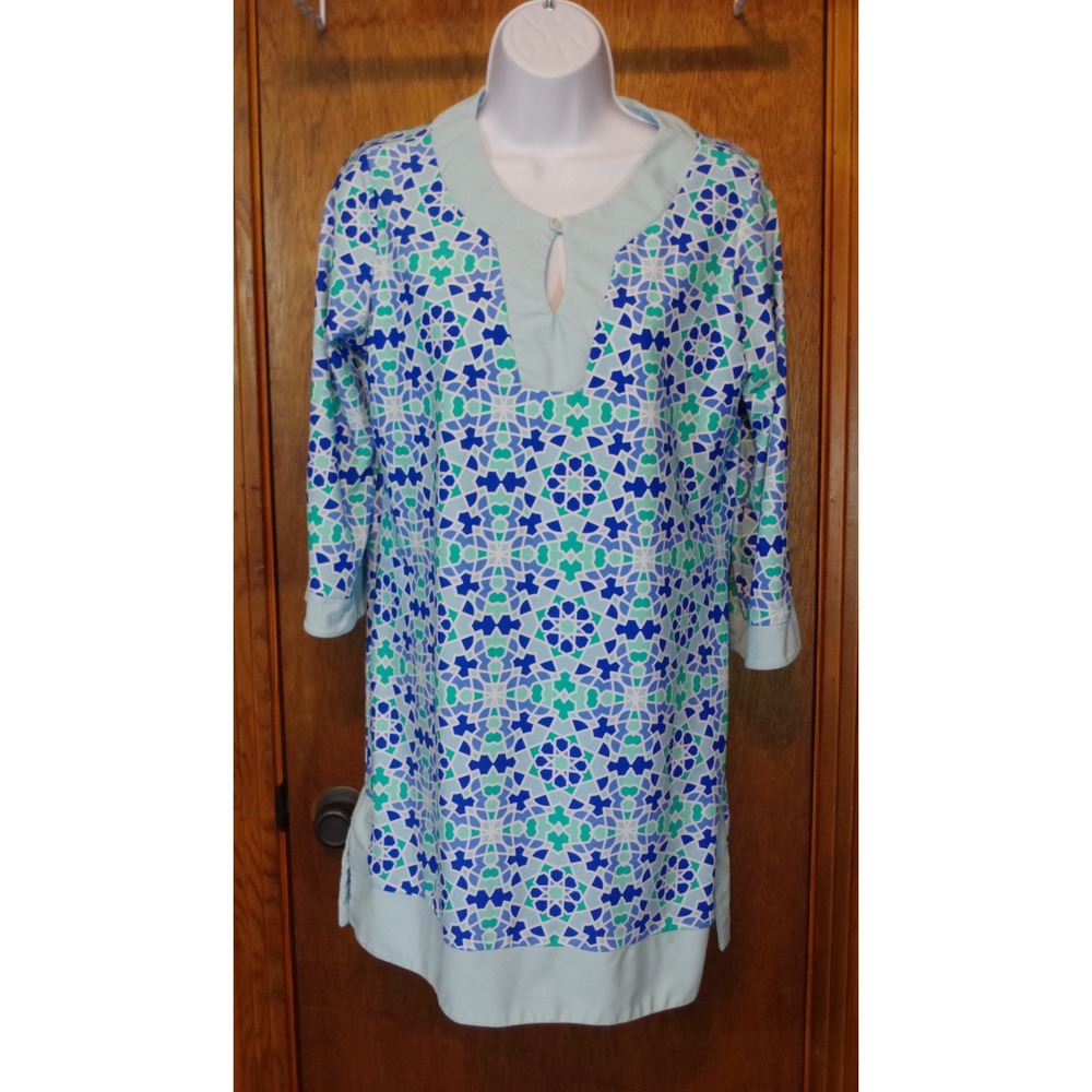 Cabana Life Women's Large Blue Green Geometric Mosaic Swim Cover Up Dress